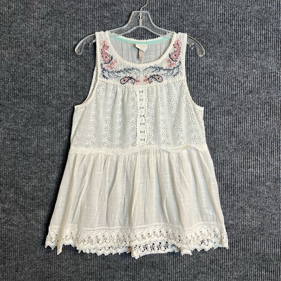 Knox Rose Womens Tank Top Sz Large White Embroidered Crotchet Peasant Boho Sheer - Picture 1 of 9